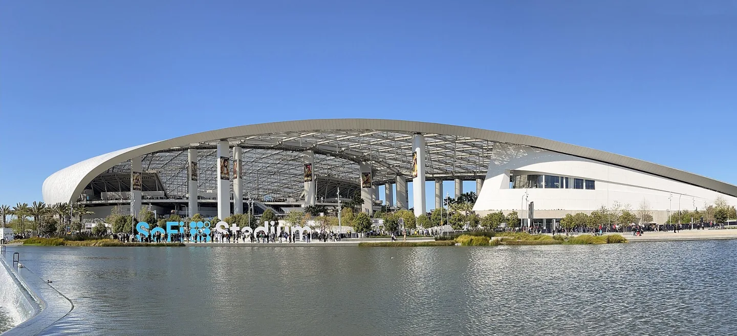Exterior of SoFi Stadium in Inglewood in April 2023